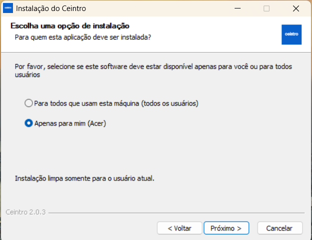 Selecionar usuário para instalação